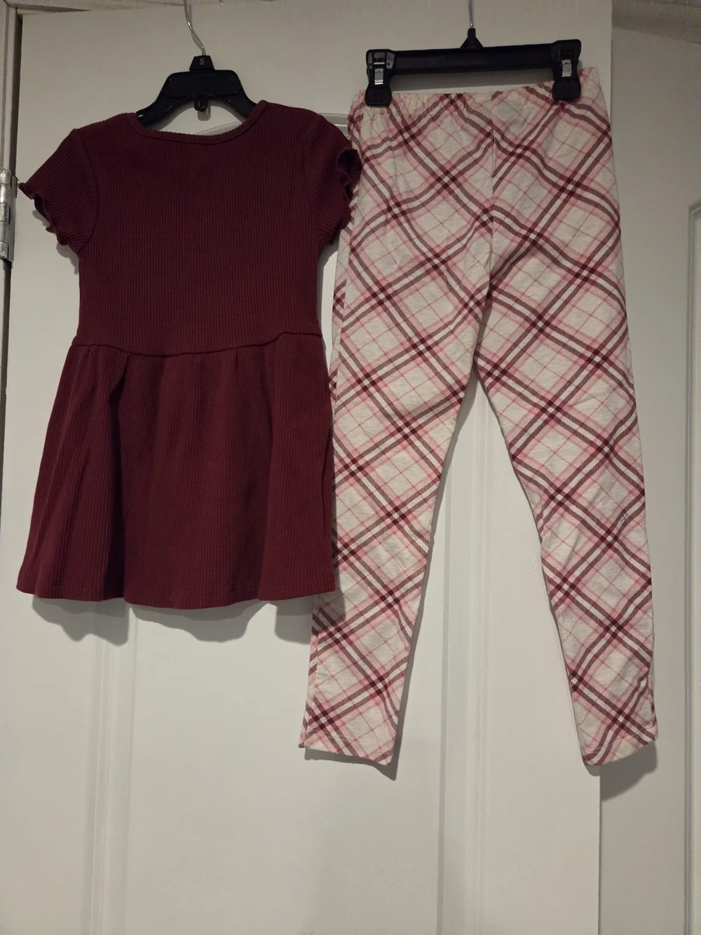 Tommy Hilfiger Girls Burgundy Ribbed Dress & Plaid Leggings Set